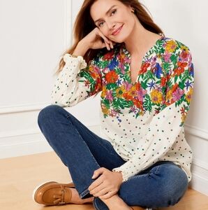 Talbots Blissful Floral Smocked Cuff Blouse Cotton Multicolor‎ M